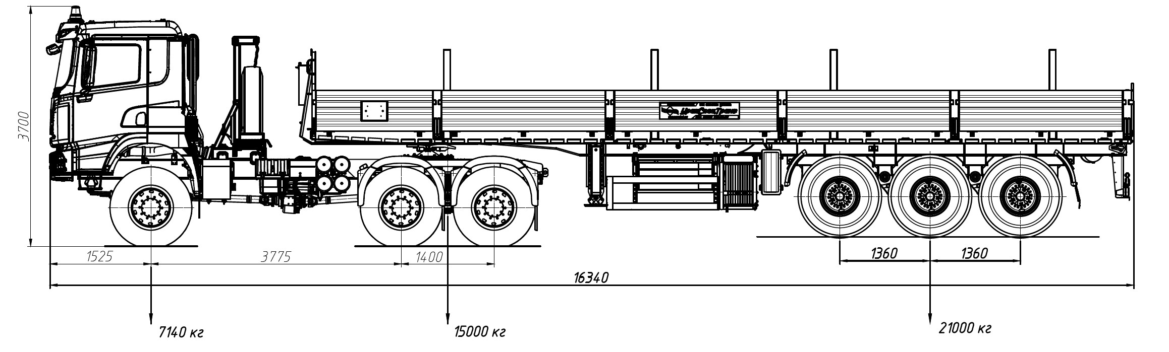 Тягач УСТ 5453 SHACMAN SX32586V385 (на шинах 14.00R20) с бортовым полуприцепом