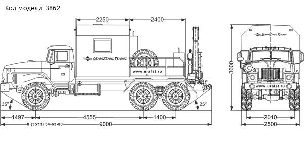 Габаритный чертеж АНРВ Урал 4320 с КМУ ИМ-55