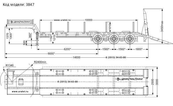 Габаритный чертеж. Полуприцеп-тяжеловоз 990640-075-УК