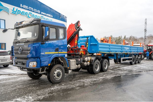 Полуприцеп бортовой ППБ 40-31-12К УСТ 9465 ССУ 1500 шины 14R20 + Седельный тягач УСТ 5453 с КМУ ИМ-180 SHACMAN SX32586V385 (6х6)