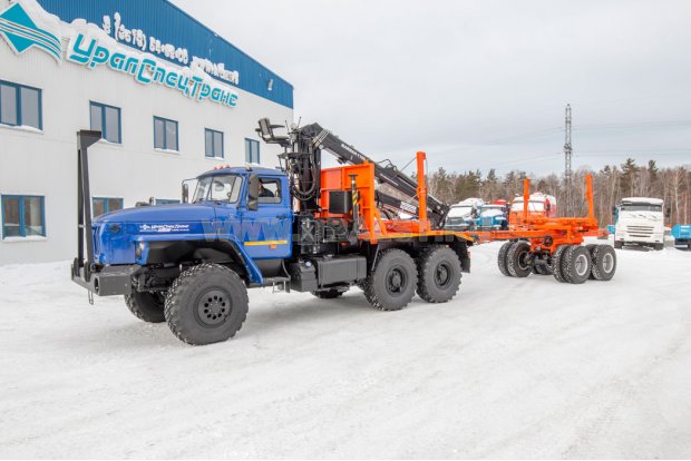 Лесовоз с манипулятором Майман 110S УСТ 54538D  Урал 5557-60Е5 + Роспуск лесовозный ПРЛ 21-2-ТБ УСТ 94652 тел. дышло