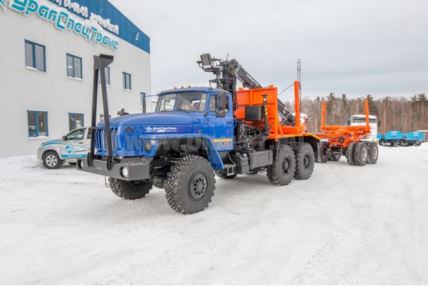 Лесовоз с манипулятором Майман 110S УСТ 54538D  Урал 5557-60Е5 + Роспуск лесовозный ПРЛ 21-2-ТБ УСТ 94652 тел. дышло