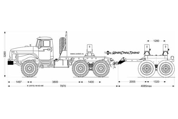 Трубоплетевозный автопоезд в составе тягача УСТ-5453 и прицепа-роспуска УСТ-94651